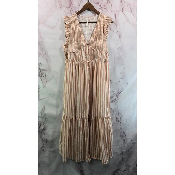 Anthropologie Dresses & Skirts - By Anthropologie Dress Womens 1X Pink White Stripe Smocked Midi Flutter